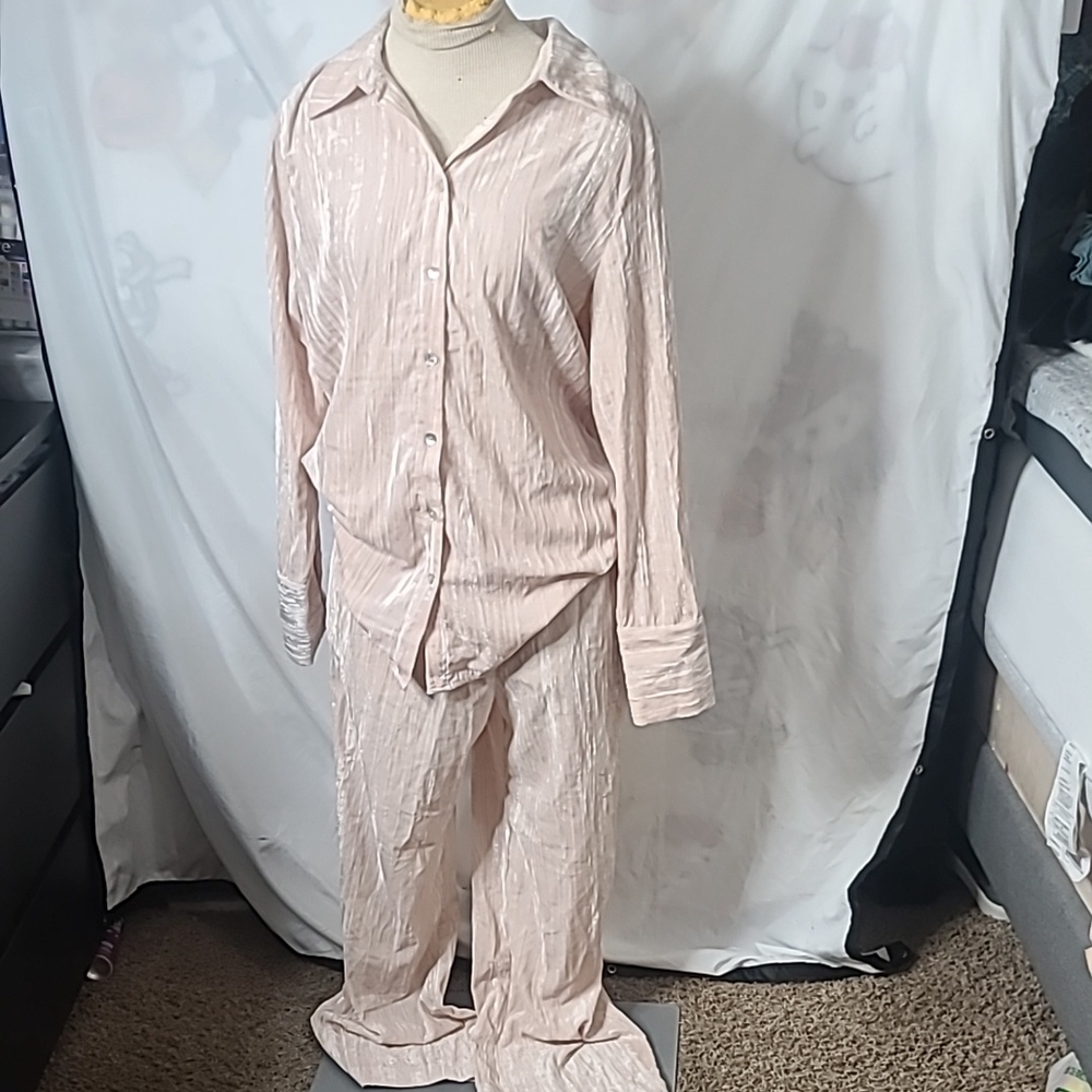 Marc New York S Pant Set Crushed Velvet Wide Leg Button Front Shirt
